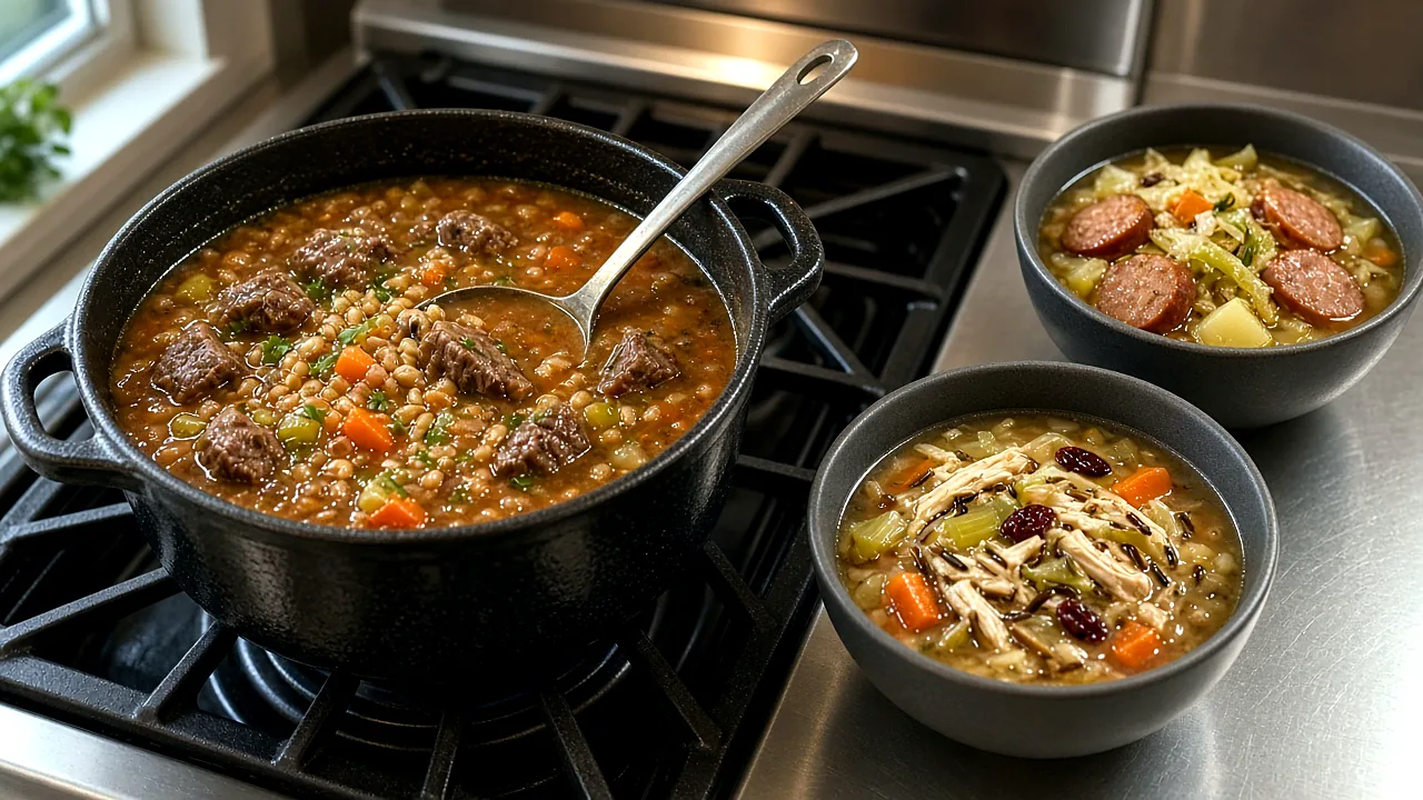 Dutch oven of smoky beef farro soup on a gas range beside bowls of chicken and wild rice soup with cranberries and kielbasa cabbage caraway soup