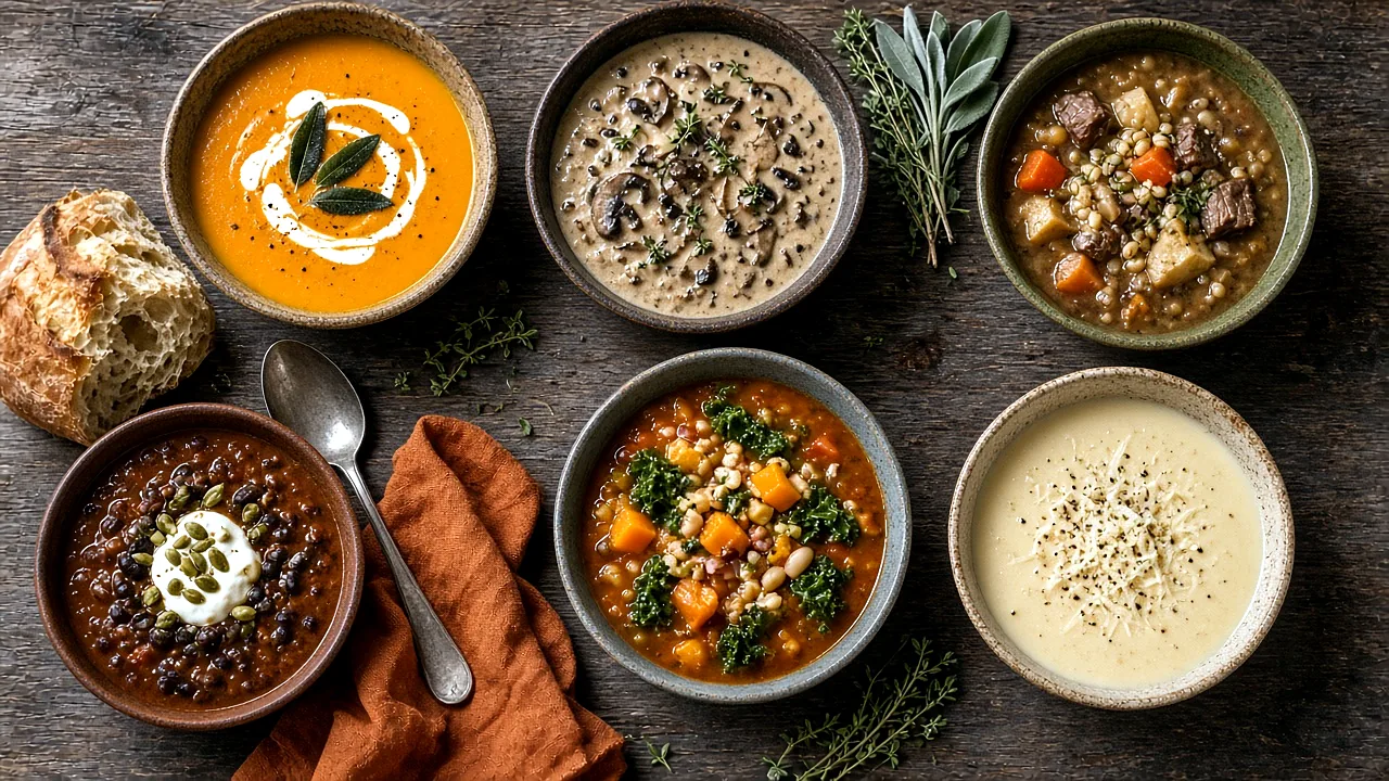Overhead view of six fall soups on dark oak—butternut squash with cream swirl and fried sage, mushroom thyme, beef barley with root vegetables, pumpkin black bean chili with sour cream and pepitas, fall minestrone with squash kale and white beans, and cauliflower white cheddar—with sourdough, an orange napkin, and fresh herbs