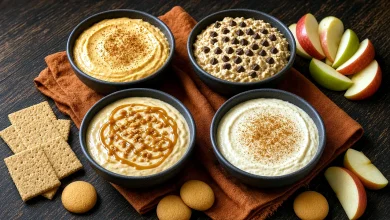 Four black bowls of Halloween dips on dark wood with an orange napkin: pumpkin dip with cinnamon, buckeye dip with mini chocolate chips, caramel apple dip with caramel and toffee, and cinnamon dip, surrounded by graham crackers, apple slices, and vanilla wafers