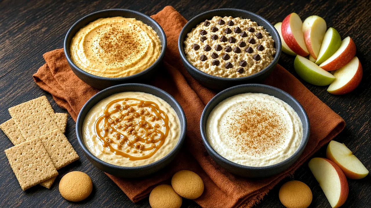 Four black bowls of Halloween dips on dark wood with an orange napkin: pumpkin dip with cinnamon, buckeye dip with mini chocolate chips, caramel apple dip with caramel and toffee, and cinnamon dip, surrounded by graham crackers, apple slices, and vanilla wafers