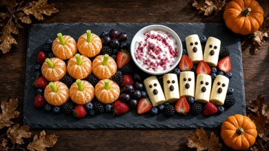 Halloween fruit platter with banana ghosts, peeled clementine pumpkins with celery stems, grapes, berries, and a pink berry yogurt dip