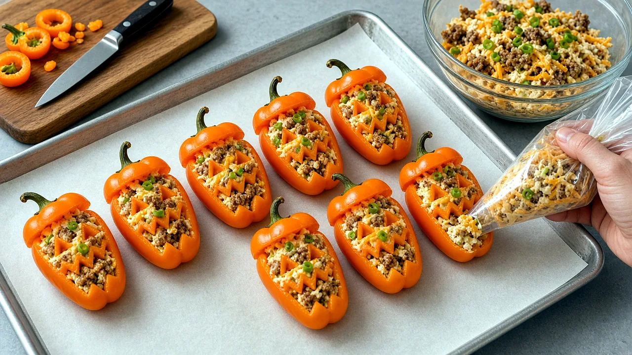Hand piping cheesy sausage filling from a zip-top bag into carved orange mini peppers on a parchment-lined baking sheet