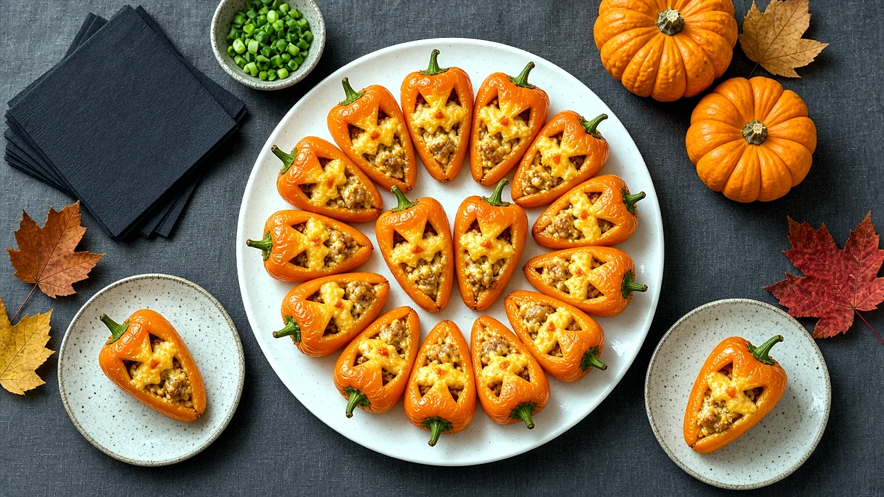Round white platter of baked jack-o'-lantern stuffed mini peppers with golden filling in the faces, beside small plates, black napkins, and mini pumpkins