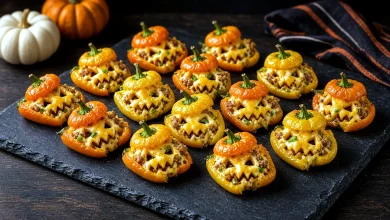 Baked jack-o'-lantern mini peppers with cheesy sausage filling showing through the carved faces and stem lids on top, on a dark slate board