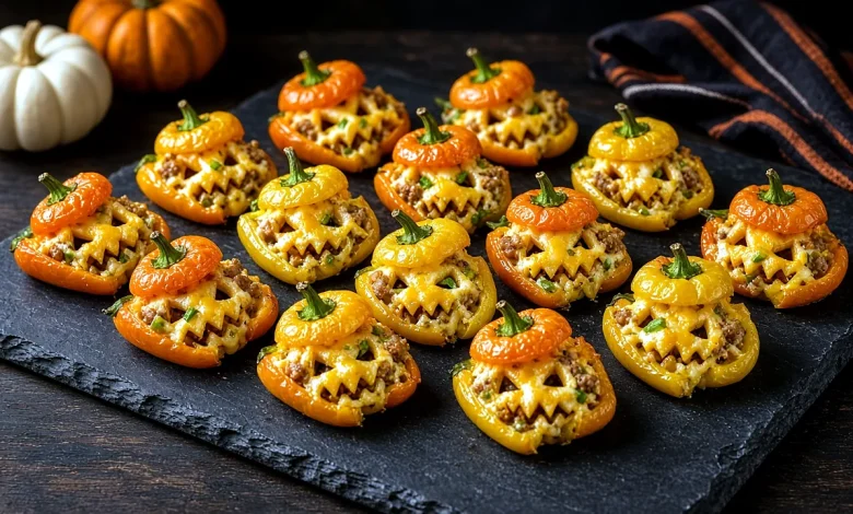 Baked jack-o'-lantern mini peppers with cheesy sausage filling showing through the carved faces and stem lids on top, on a dark slate board