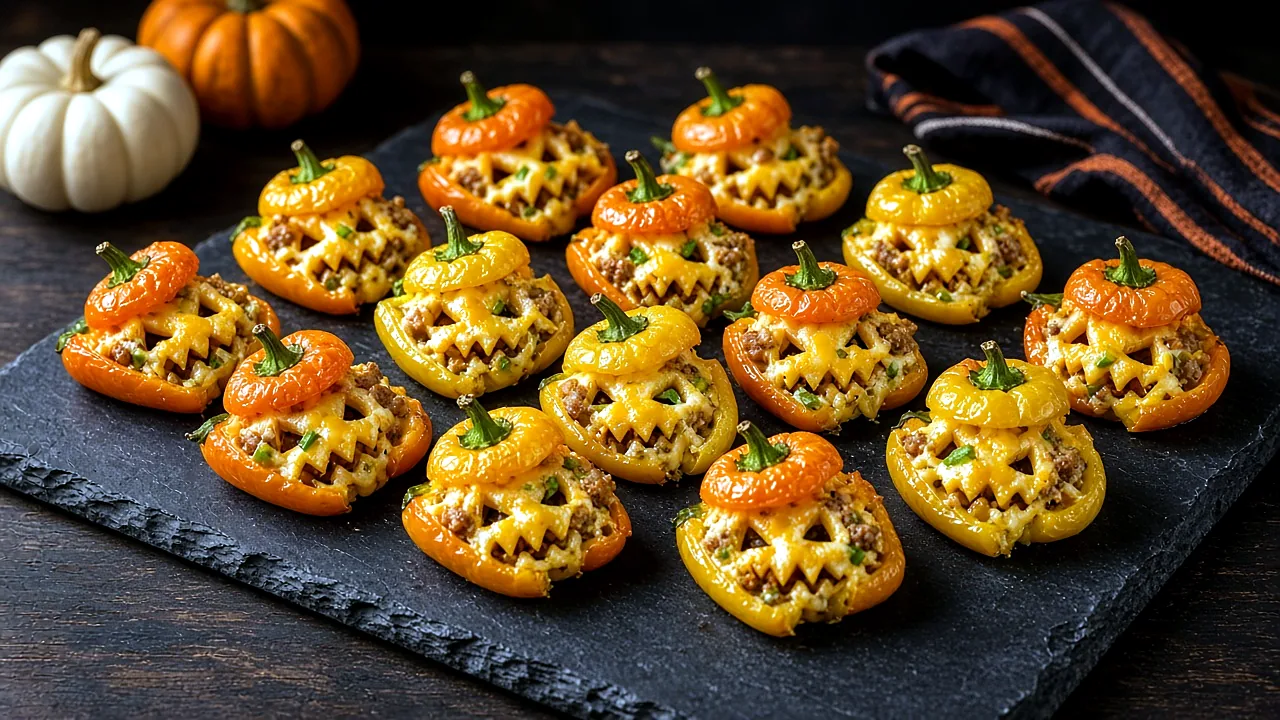 Baked jack-o'-lantern mini peppers with cheesy sausage filling showing through the carved faces and stem lids on top, on a dark slate board