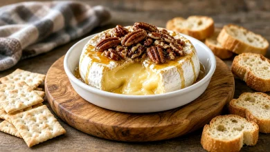 Baked Brie in a white dish topped with honey and pecans, cut wedge oozing creamy cheese, with crackers and baguette on a wood board