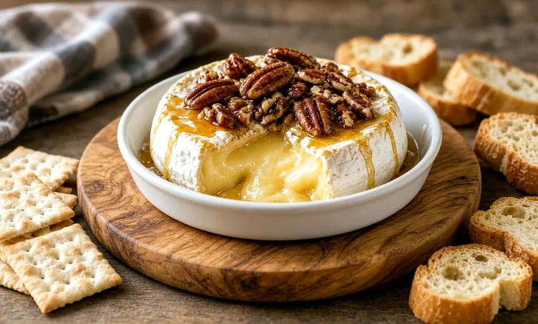 Baked Brie in a white dish topped with honey and pecans, cut wedge oozing creamy cheese, with crackers and baguette on a wood board