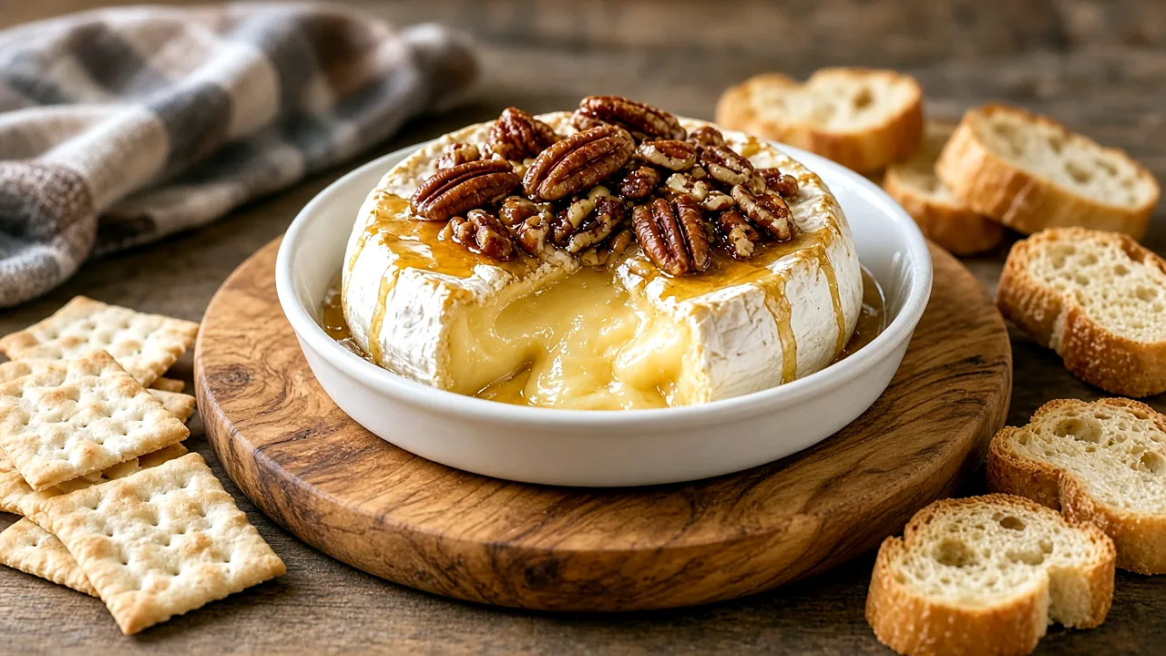 Baked Brie in a white dish topped with honey and pecans, cut wedge oozing creamy cheese, with crackers and baguette on a wood board