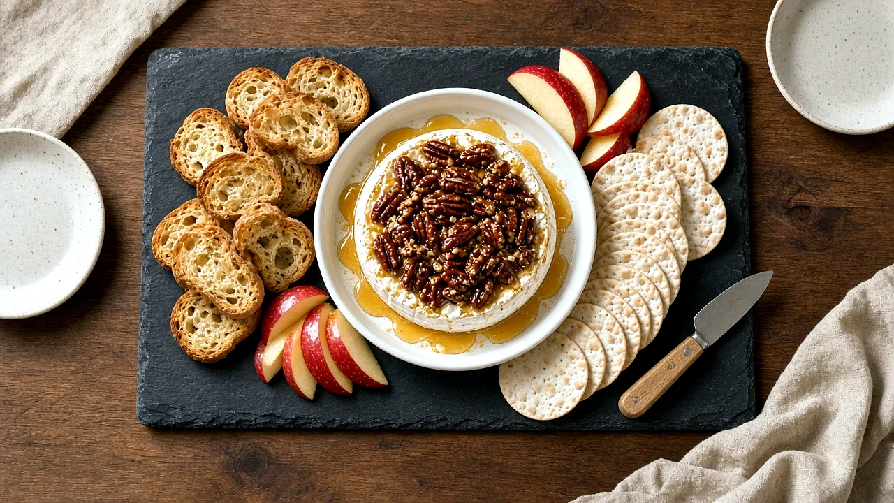 Overhead slate board with honey-pecan baked Brie in a white dish, surrounded by baguette slices, crackers, and red apple slices