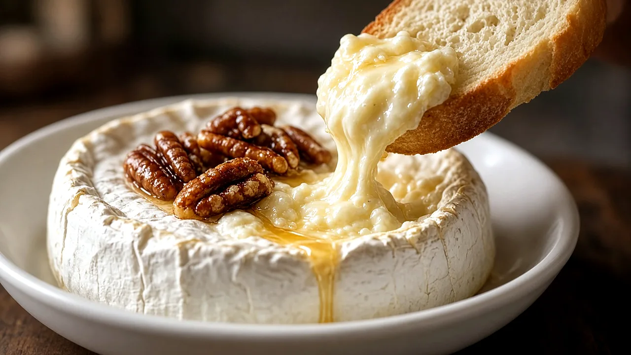 Toasted baguette scooping melted honey-pecan baked Brie from the wheel with honey dripping down the rind