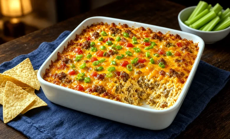 Baked hot sausage and cheddar dip bubbling in a square white baking dish with green onions and tortilla chips around it