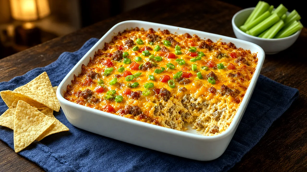 Baked hot sausage and cheddar dip bubbling in a square white baking dish with green onions and tortilla chips around it