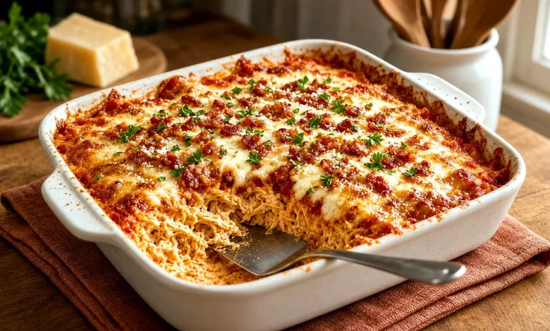 Keto chicken parmesan casserole with bubbling marinara, browned mozzarella, and parsley in a white baking dish, one portion scooped out