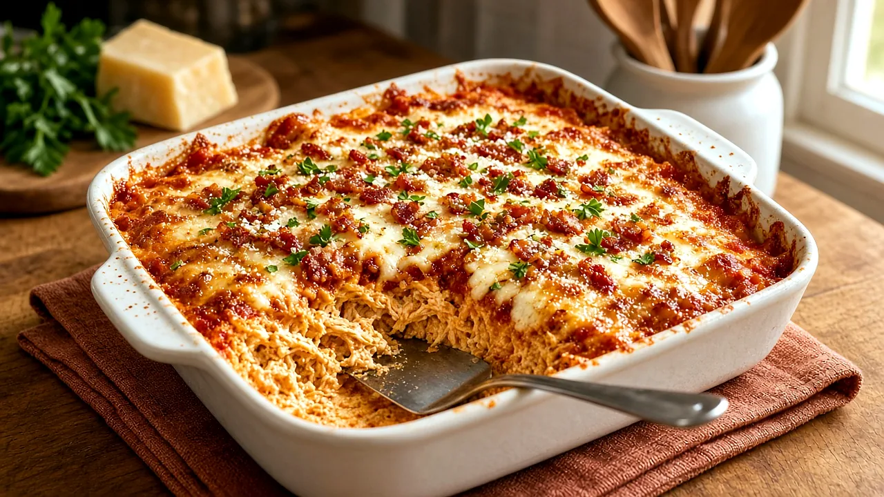 Keto chicken parmesan casserole with bubbling marinara, browned mozzarella, and parsley in a white baking dish, one portion scooped out