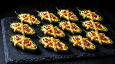Platter of baked mummy jalapeño poppers wrapped in golden crescent dough strips with candy eyes