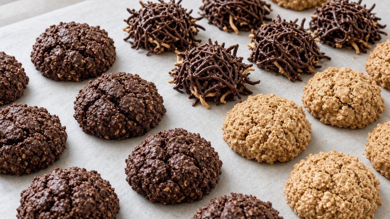 Chocolate peanut butter no-bake cookies, chocolate haystacks, and peanut butter oatmeal no-bake cookies on parchment