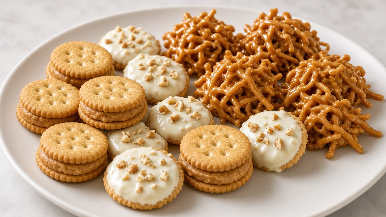 Peanut butter Ritz cookies, white chocolate peanut butter cookies, and butterscotch haystacks on a white plate