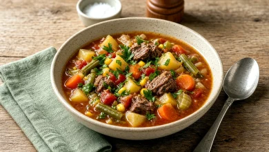Old-fashioned vegetable beef soup in a rustic stoneware bowl with tender beef, potato cubes, carrot coins, green beans, corn, and parsley, with a spoon and linen napkin on a wooden farmhouse table