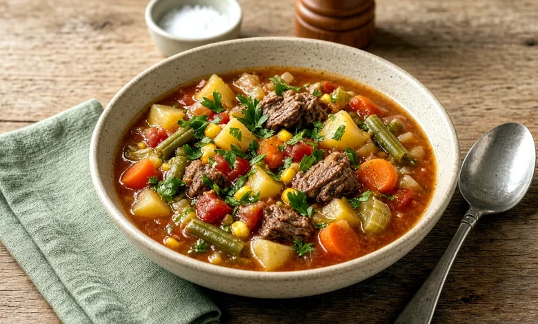 Old-fashioned vegetable beef soup in a rustic stoneware bowl with tender beef, potato cubes, carrot coins, green beans, corn, and parsley, with a spoon and linen napkin on a wooden farmhouse table