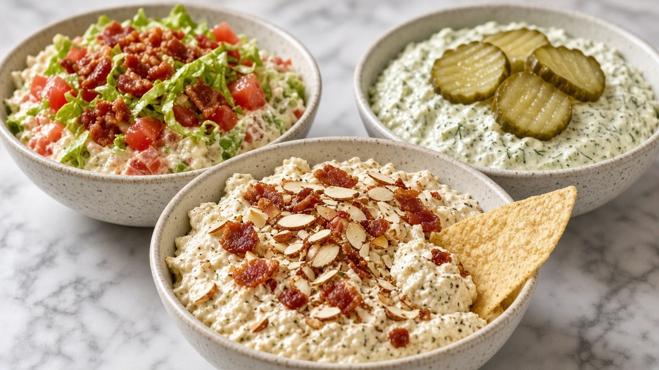Close-up of Million Dollar Dip, BLT dip, and dill pickle dip in ceramic bowls with a tortilla chip