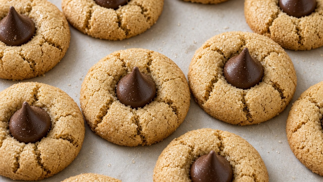 Close-up of peanut butter blossom cookies with chocolate kisses pressed in the centers