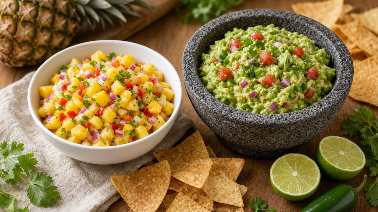 Pineapple mango salsa and homemade guacamole with tortilla chips and lime