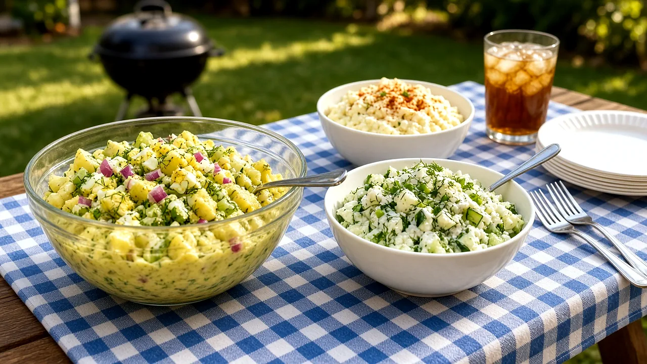 Gingham picnic table with pickle lover's potato salad in a glass bowl, Greek yogurt dill cucumber potato salad, classic salad with paprika, iced tea, paper plates, and a kettle grill blurred behind
