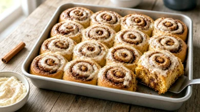 Twelve frosted pumpkin cinnamon rolls in a metal pan with one roll lifted on a spatula to show the soft swirl