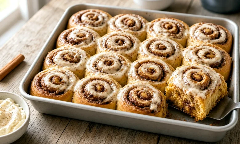 Twelve frosted pumpkin cinnamon rolls in a metal pan with one roll lifted on a spatula to show the soft swirl