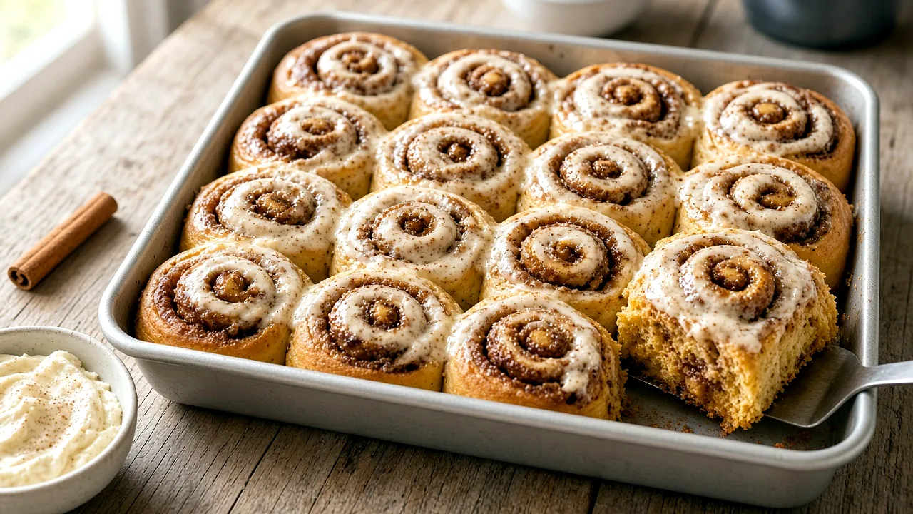 Twelve frosted pumpkin cinnamon rolls in a metal pan with one roll lifted on a spatula to show the soft swirl
