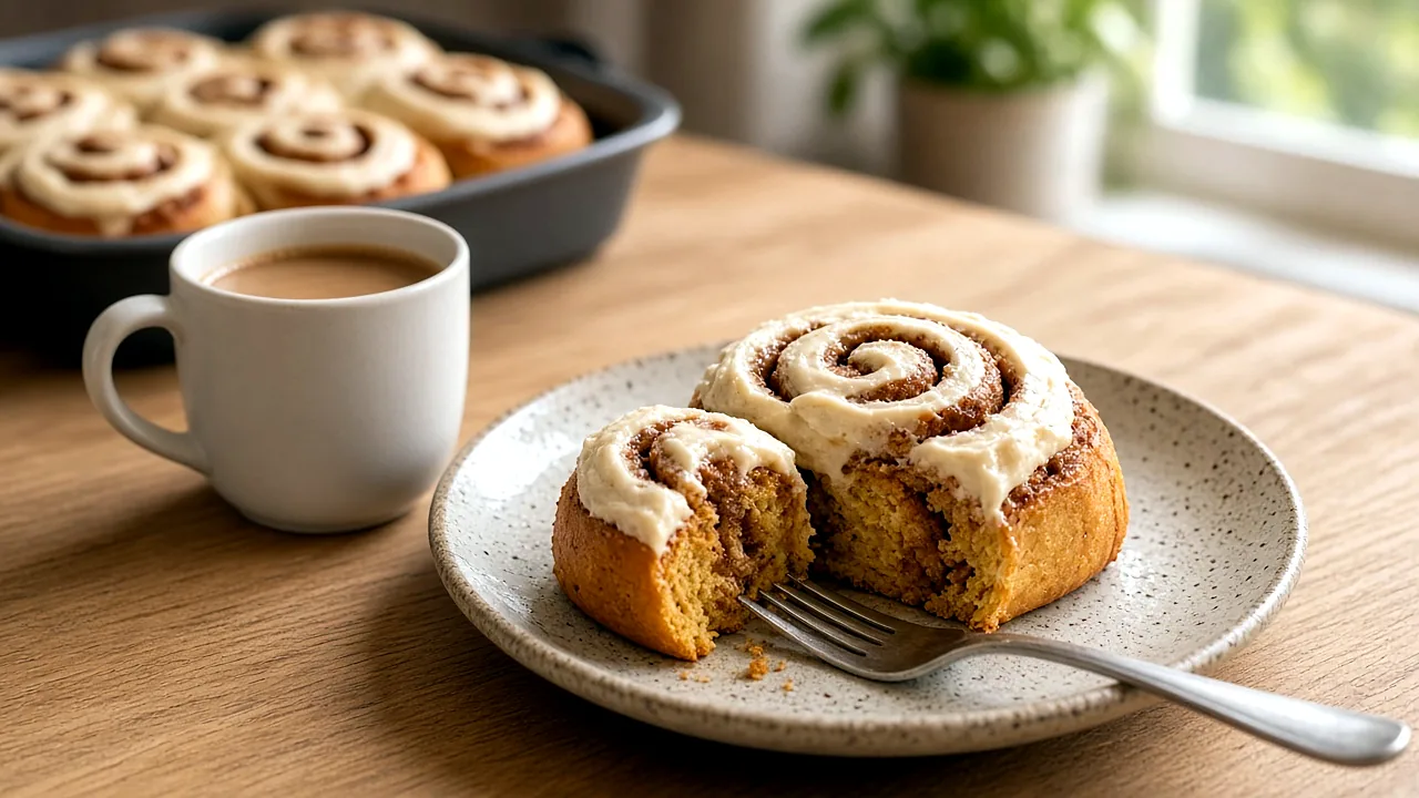 Frosted pumpkin cinnamon roll on a speckled plate with a fork and bite taken, coffee mug beside, baking pan of rolls in the background