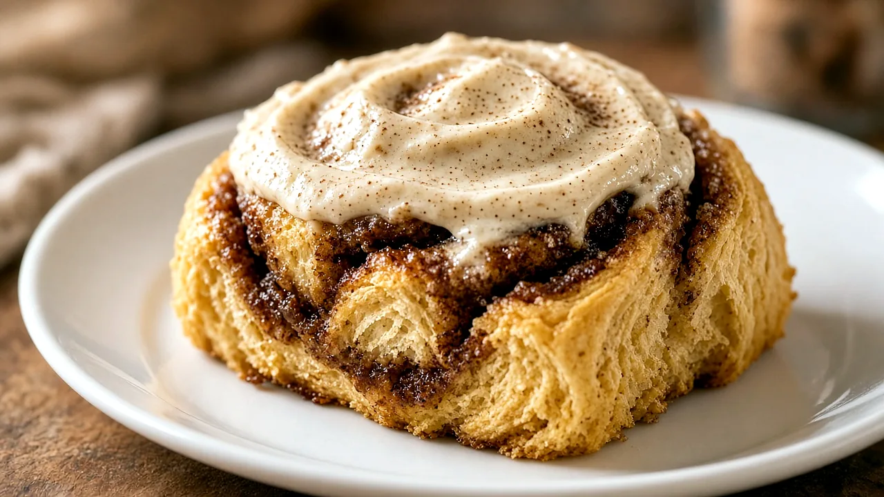 Close-up of a single pumpkin cinnamon roll topped with spiced cream cheese frosting