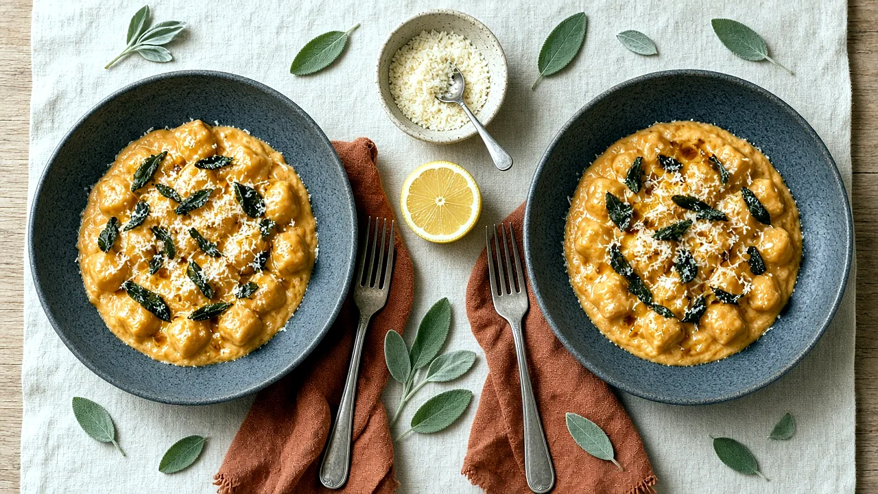 Two bowls of pumpkin gnocchi topped with crispy sage and Parmesan, with forks, rust napkins, a dish of grated Parmesan, and half a lemon