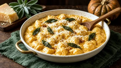 Pumpkin gnocchi in a creamy pale-orange sauce with crispy sage leaves and grated Parmesan in a cream-colored braiser with a wooden spoon