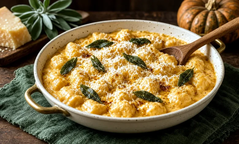 Pumpkin gnocchi in a creamy pale-orange sauce with crispy sage leaves and grated Parmesan in a cream-colored braiser with a wooden spoon