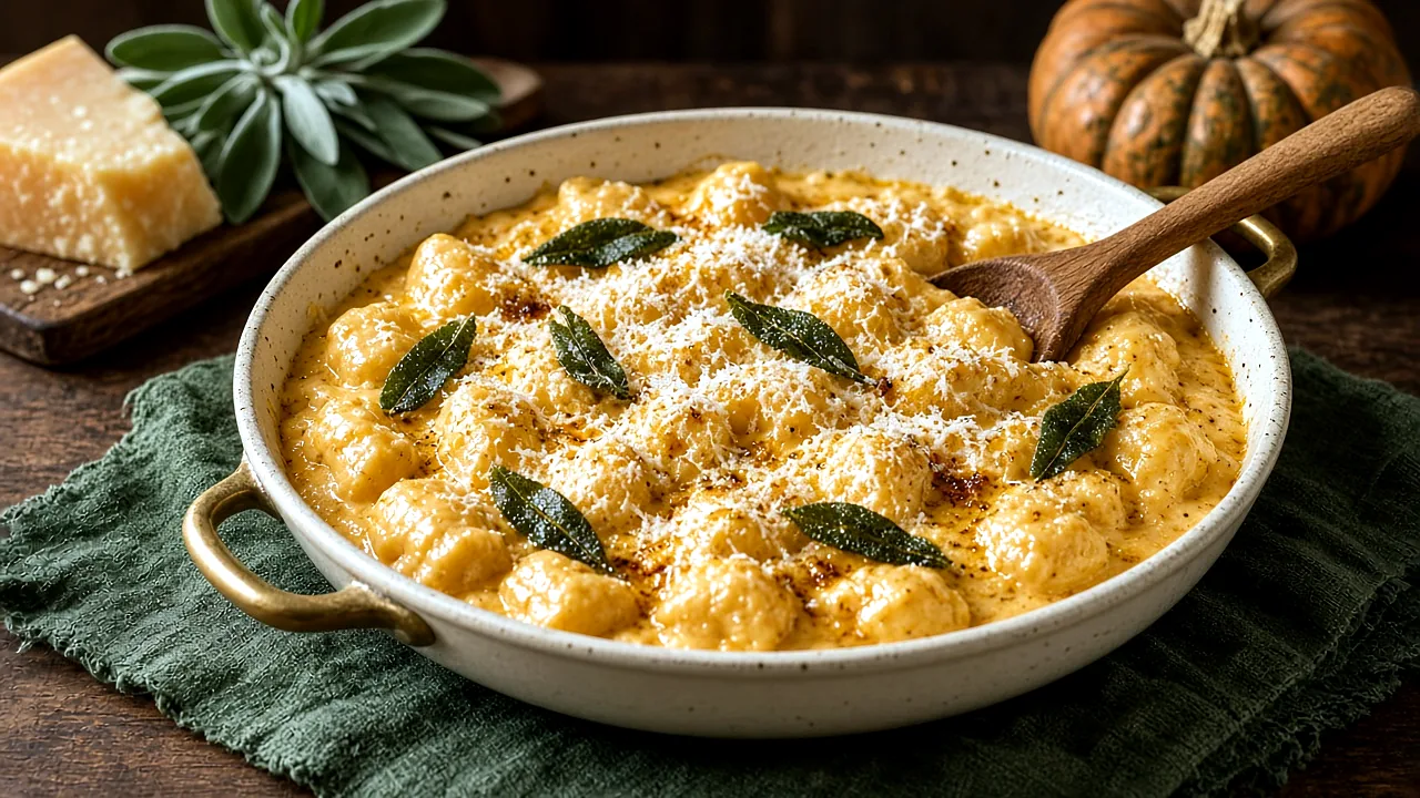 Pumpkin gnocchi in a creamy pale-orange sauce with crispy sage leaves and grated Parmesan in a cream-colored braiser with a wooden spoon