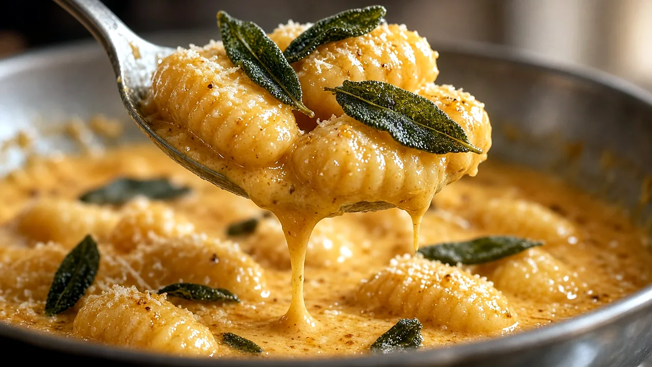 Close-up of a spoon lifting ridged gnocchi coated in pumpkin Parmesan sauce, with crispy sage leaves and sauce dripping back into the pan