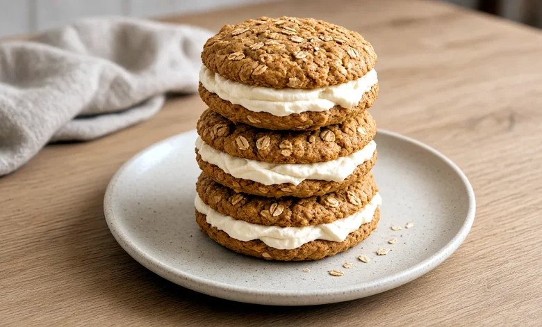 Stack of three soft pumpkin oatmeal cream pies with thick maple cream cheese filling on a speckled stoneware plate