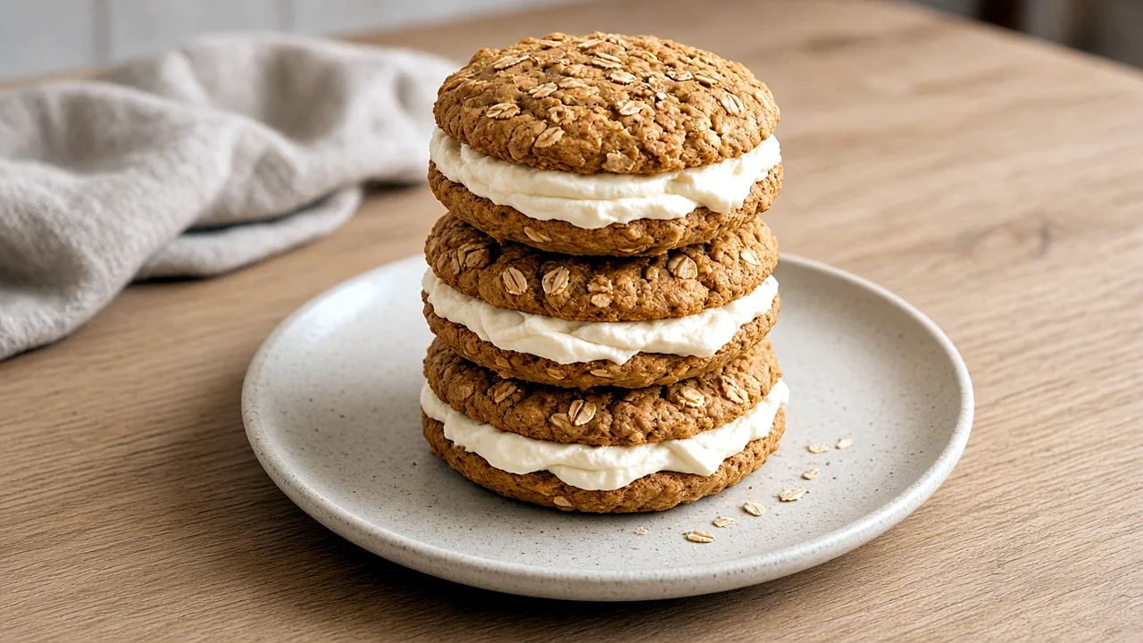Stack of three soft pumpkin oatmeal cream pies with thick maple cream cheese filling on a speckled stoneware plate