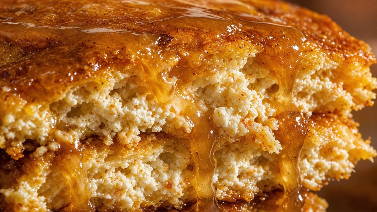 Close-up of pumpkin ricotta pancake texture showing fluffy crumb and glossy apple cider caramel drip