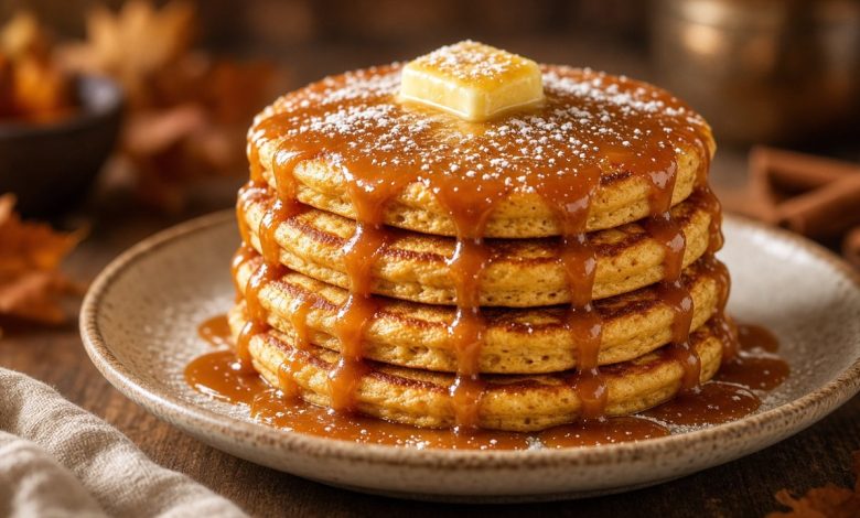 Stack of fluffy pumpkin ricotta pancakes on a white plate with apple cider caramel drizzle cascading down the sides