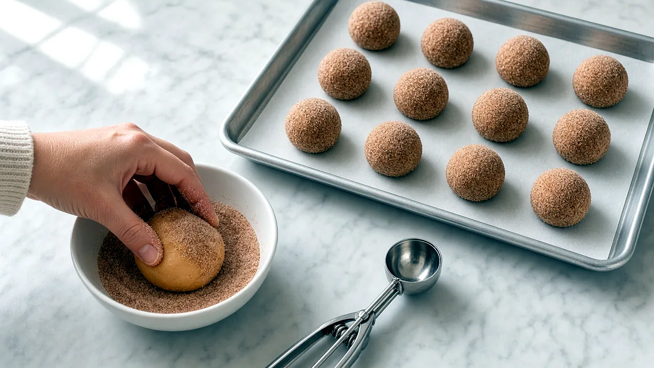 Balls of pumpkin cookie dough being rolled in cinnamon sugar before baking