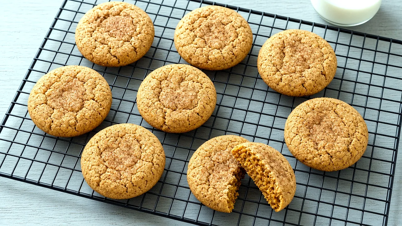 Pumpkin snickerdoodles cooling on a wire rack, one broken open to show a soft, chewy center