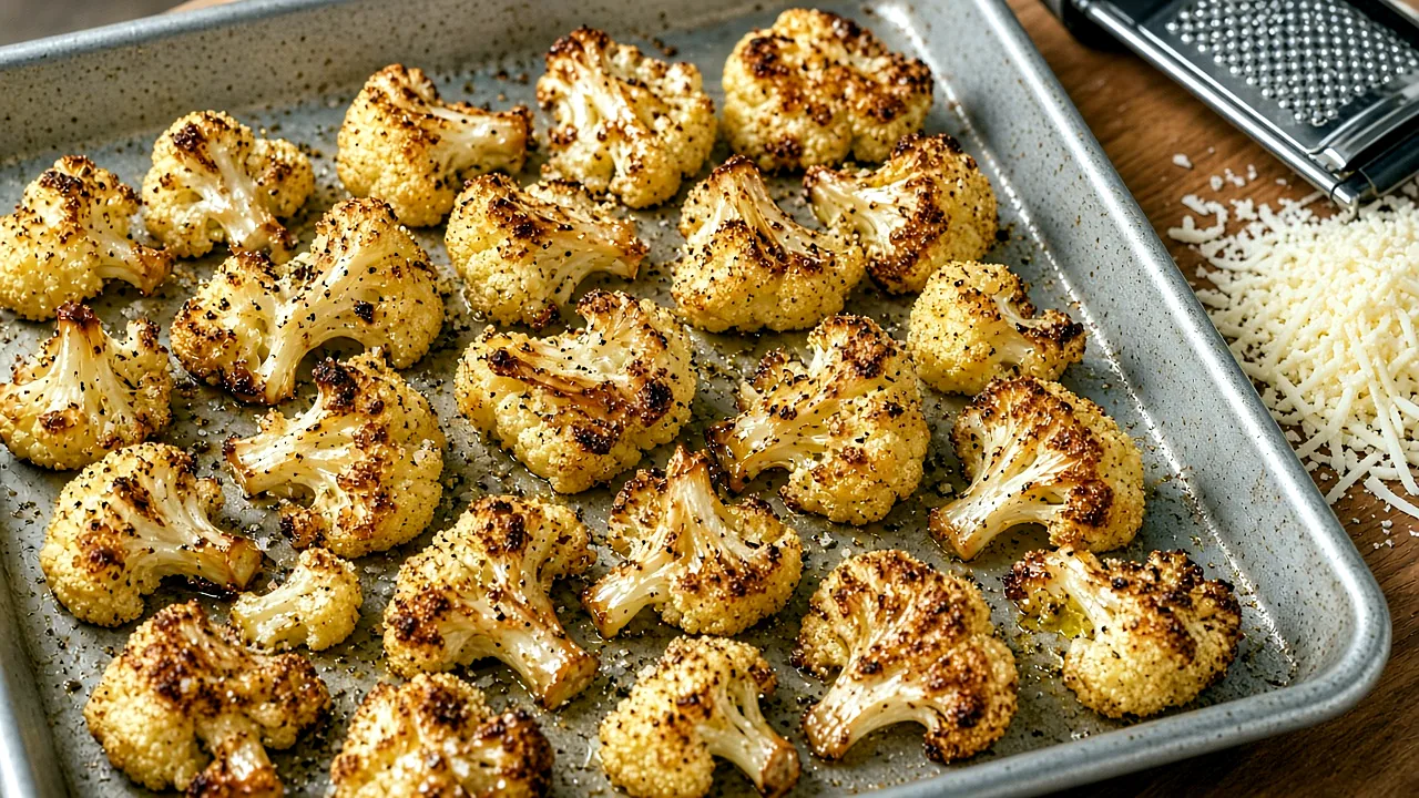 Golden roasted cauliflower florets on a sheet pan, with a box grater and a pile of grated white cheddar beside it