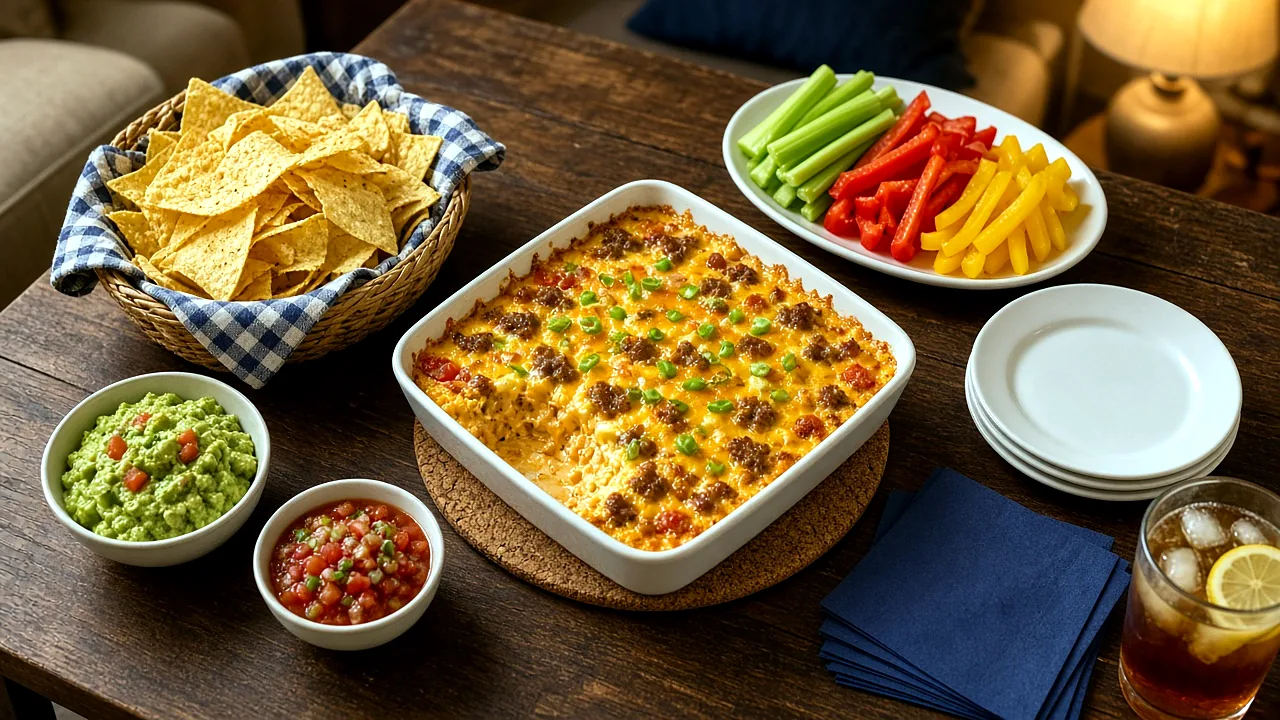 Sausage cheese dip on a game day snack table with tortilla chips, celery sticks, pepper strips, and small plates
