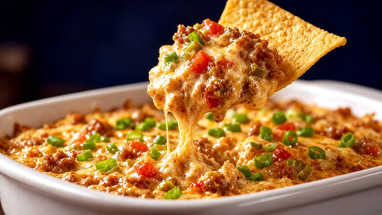 Close-up of a tortilla chip scooping thick sausage cheese dip with melted cheddar, sausage crumbles, and green chiles