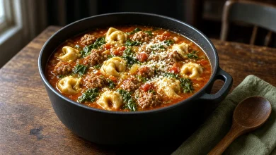 Sausage tortellini soup in an enameled Dutch oven with cheese tortellini, crumbled Italian sausage, tomatoes, and wilted arugula