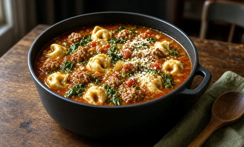 Sausage tortellini soup in an enameled Dutch oven with cheese tortellini, crumbled Italian sausage, tomatoes, and wilted arugula