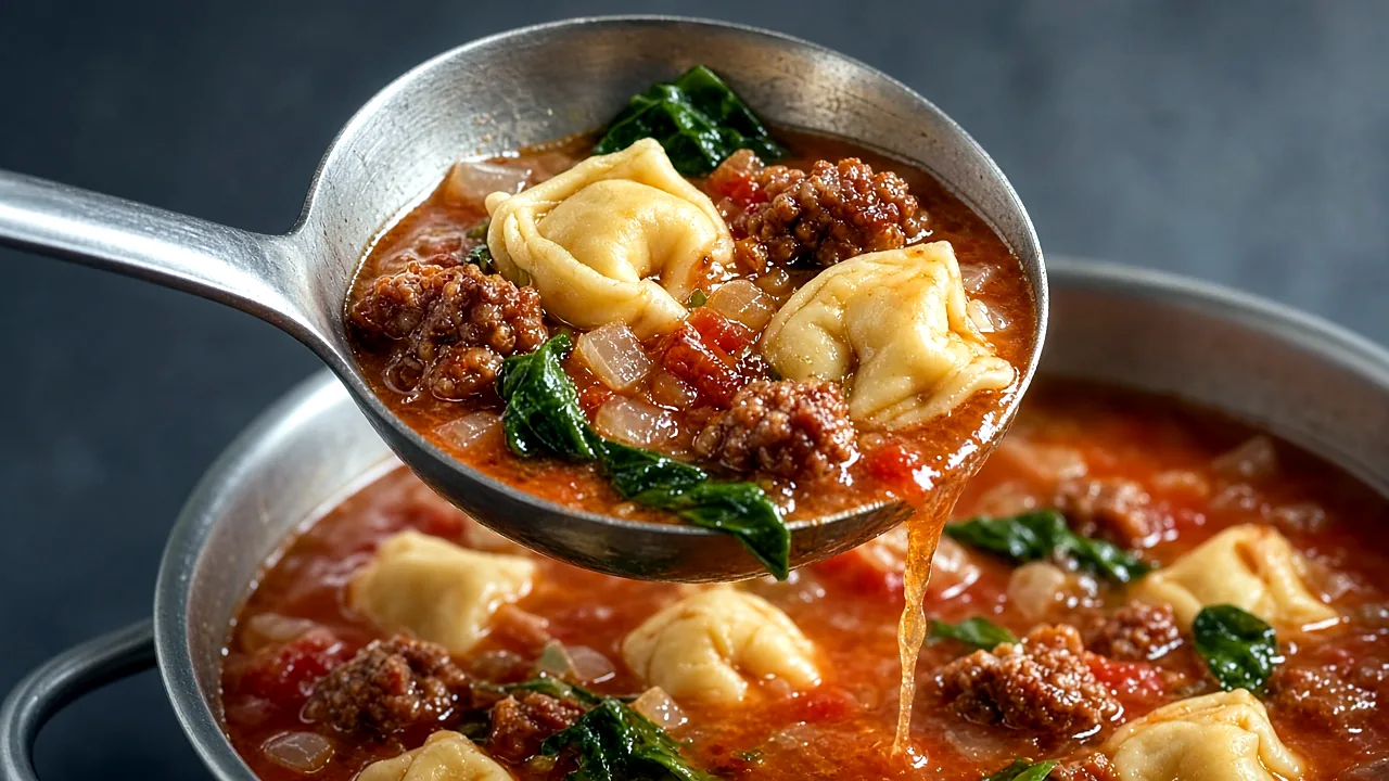 Ladle lifting cheese tortellini, Italian sausage, and arugula out of tomato broth